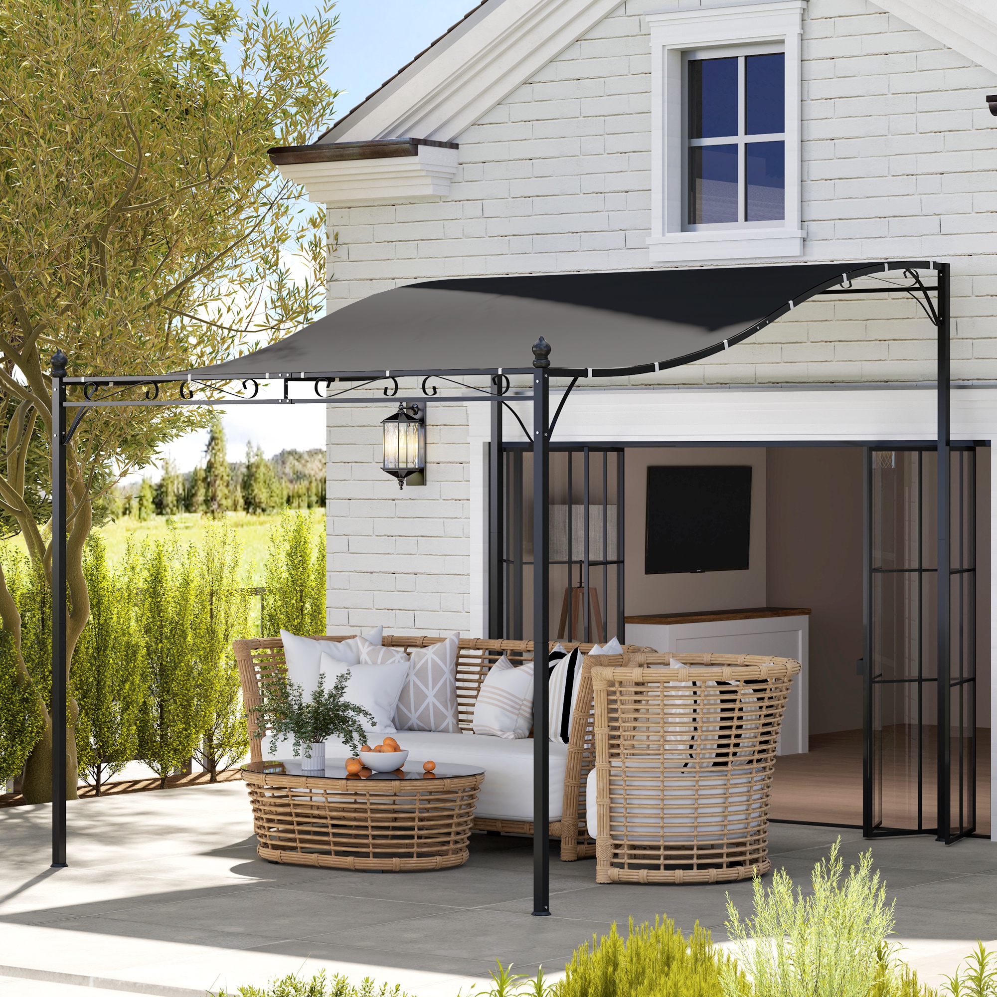 2,5 x 3 m Pergola, Wandgemonteerde Tuin Luifel, Waterbestendig, Metalen Frame, Afvoergaten, Schaduwdak, Donkergrijs