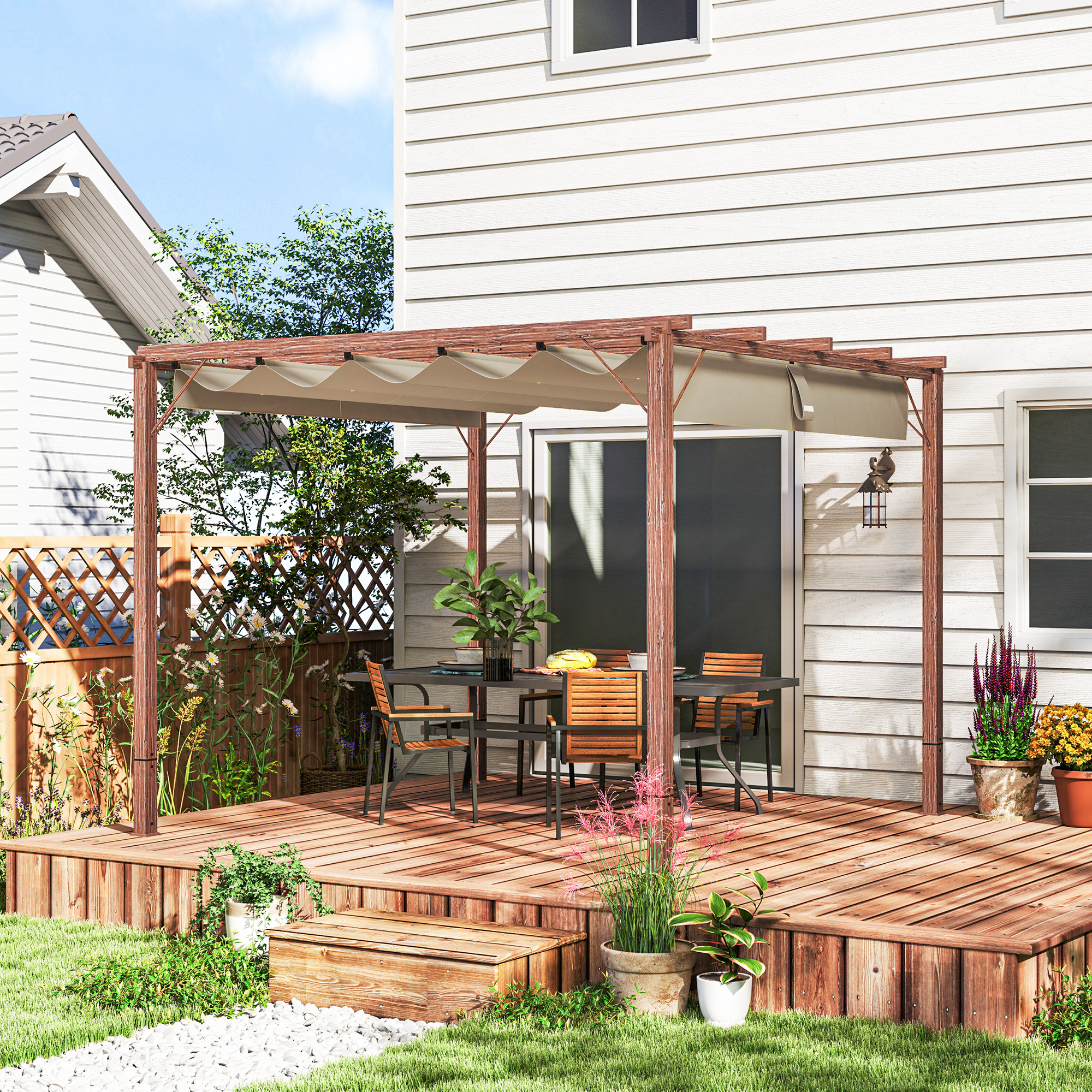 Outsunny 3 x 3 m Tuin-Pergola, Verstelbaar Terrasdak, Aluminium Frame, UPF30+ Zonbescherming, Natuurlijk Hout