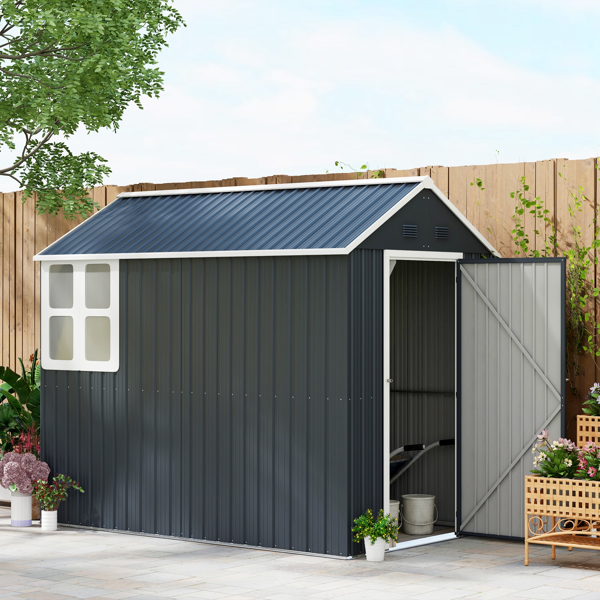 Outsunny Tuinhuis, metalen opbergschuur, dubbele deur, raam, 259x172x222 cm, grijs/wit