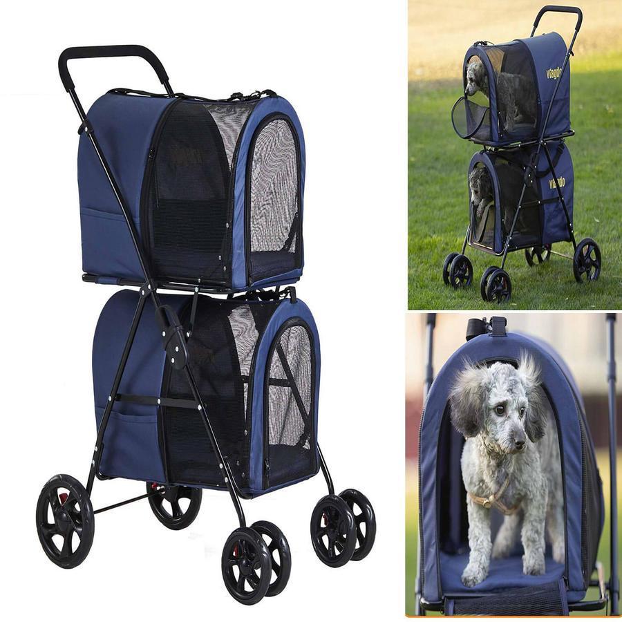 2025 Dubbele Huisdierwagen 42 voor 2 Honden en Katten �C Opvouwbare Wagen met 4 Wielen en Veringsysteem, Marineblauw