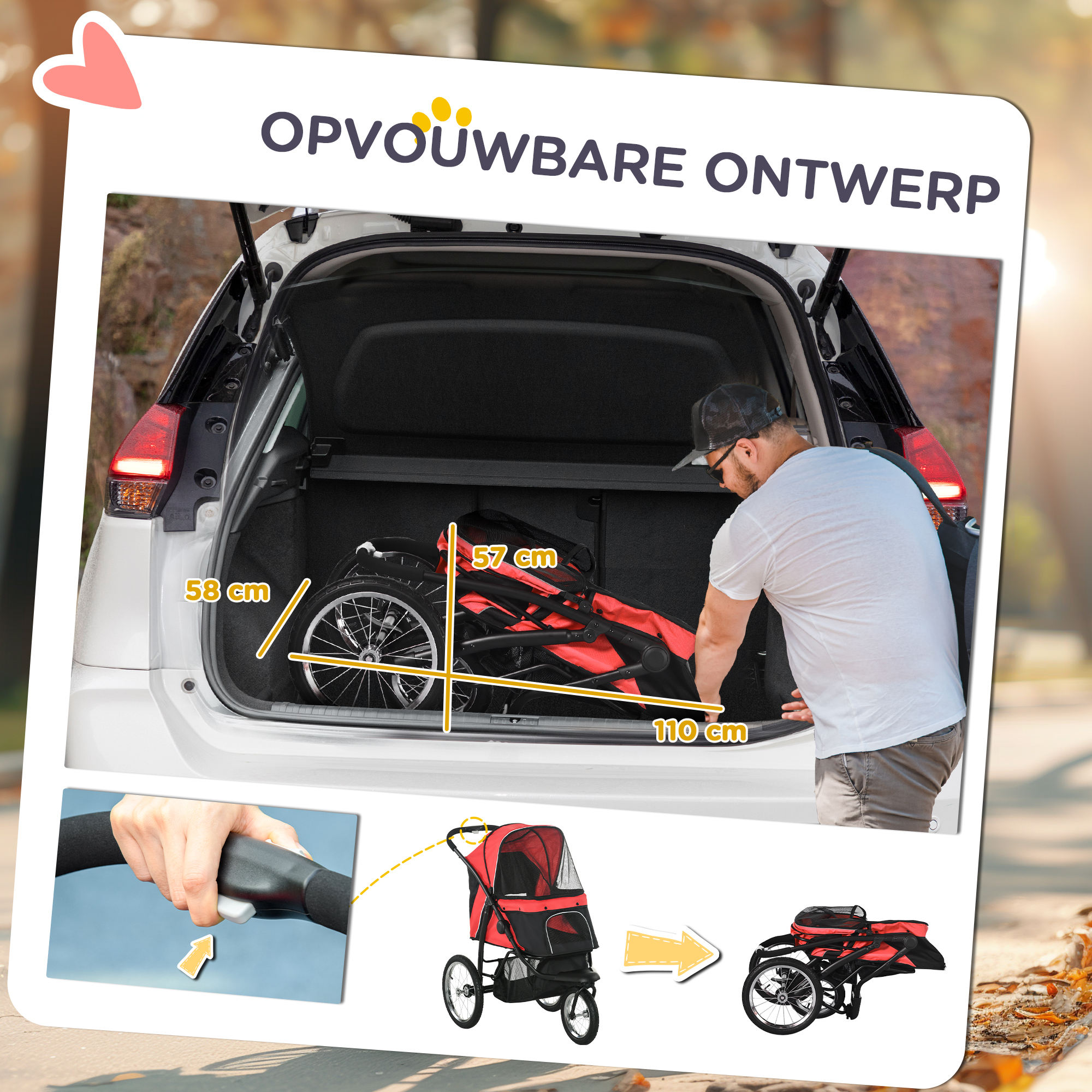 PawHut Opvouwbare hondenwagen met zonbescherming, netvensters en opbergmand - Rood, 111 x 58 x 107 cm