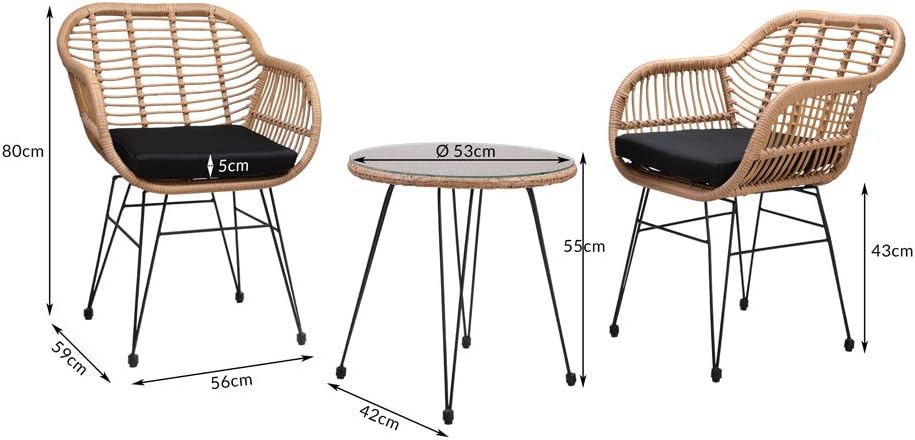 Casaria® Balkonset 3 teilig 5cm Auflagen Wetterfest 5mm Sicherheitsglasplatte Höhenverstellbar Rattan Look Outdoor Terrasse Balkon Gartenmöbel Korbsessel
