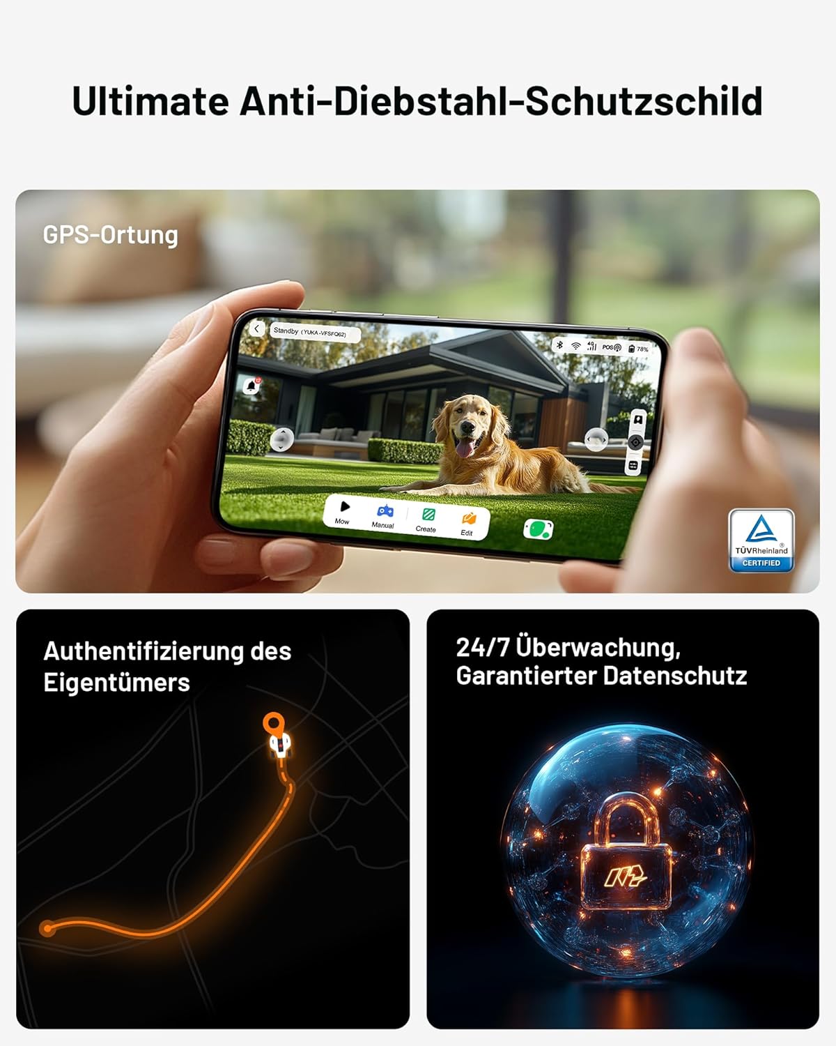 MAMMOTION YUKA Mini 700 Mähroboter ohne Begrenzungskabel, NetRTK+Vision, Keine RTK-Antenne erforderlich, Auto-Kartierung, Empf. 700m², Max. 1100m², mit 4G-Modul, 50% Steigung