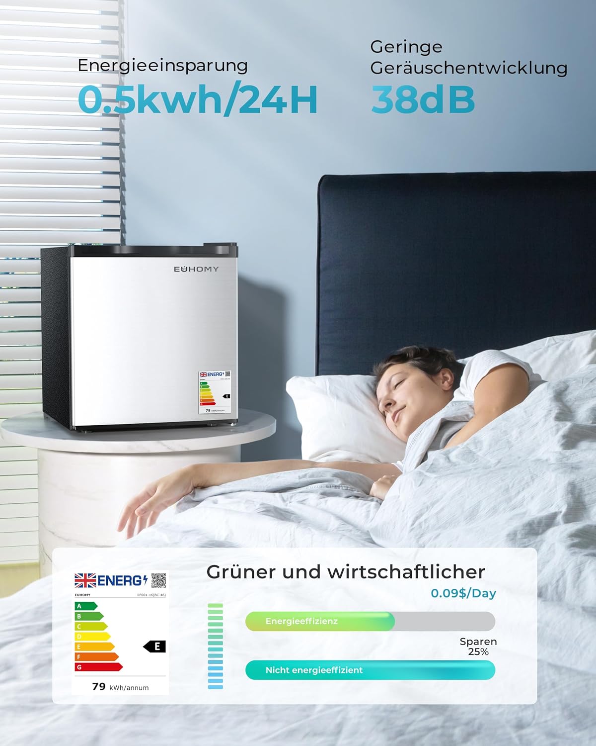 EUHOMY Mini Kühlschrank, 46L Kühlschrank klein, kleiner Kühlschrank mit umkehrbarer Tür, 7-Stufen Thermostat, 38dB Ultra-Leise, Energieeffizienter Kompaktkühlschrank für Schlafzimmer, Büro