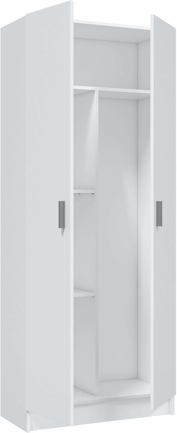 Habitdesign Multi-Purpose Wardrobe, Broom 2 Doors 3 Shelves, 180 x 73 x 37 cm (H x W x D – cm), Matt White