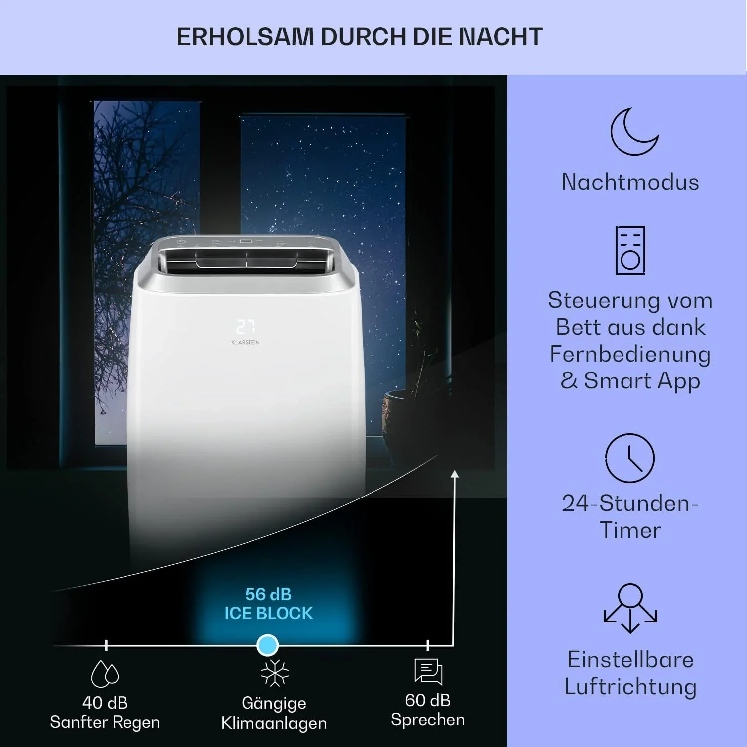 Klarstein Mobile Klimaanlage mit Abluftschlauch, 3-in-1 Klimager?t mit Ventilator, Luftentfeuchter & Nachtmodus, Kleine & Portable Klimaanlage f��r Wohnung & B��ro, 12000 BTU Niedrig Verbrauch