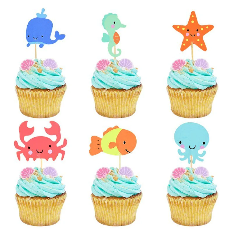 Ocean Animal Cupcake Toppers, Under the Sea Party Cake Flags, Beach Theme Birthday - 24 Pcs
