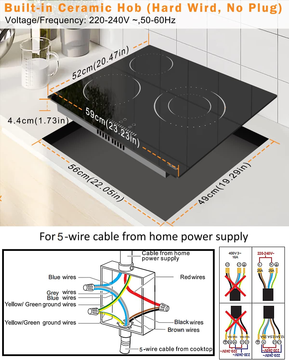 Glaskeramikkochfeld 4 Zonen Kochfelder Sensor-touch Control Kochfeld Autark 60cm, 6000W, 9 Leistungsstufe, verkabelt, kein Stecker
