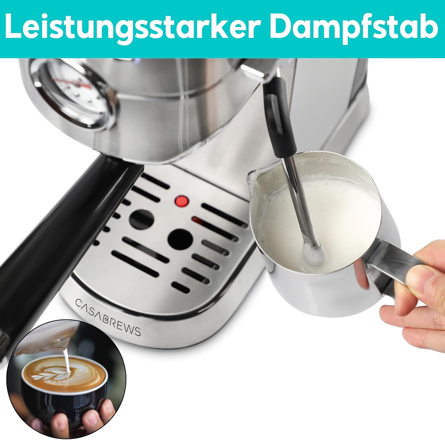 CASABREWS Espresso Siebträgermaschine 20 Bar, Edelstahl-Espressomaschine mit professionellem Milchaufschäumer, Klein Kaffeemaschine Espresso für Cappuccino, Latte & Macchiato, 1L Wassertank, Schwarz