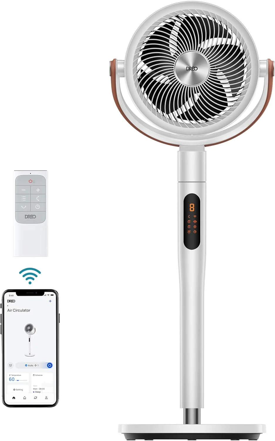 Dreo Smart Fan for Bedroom. 120掳+105掳 Omni-directional Oscillating Standing Fans with Remote. 100ft Quiet Floor Fan for Room. Wi-Fi/Voice/Alexa. 6 Modes. 8 Speeds. 37-43'' Height. 12H Timer. DC Motor