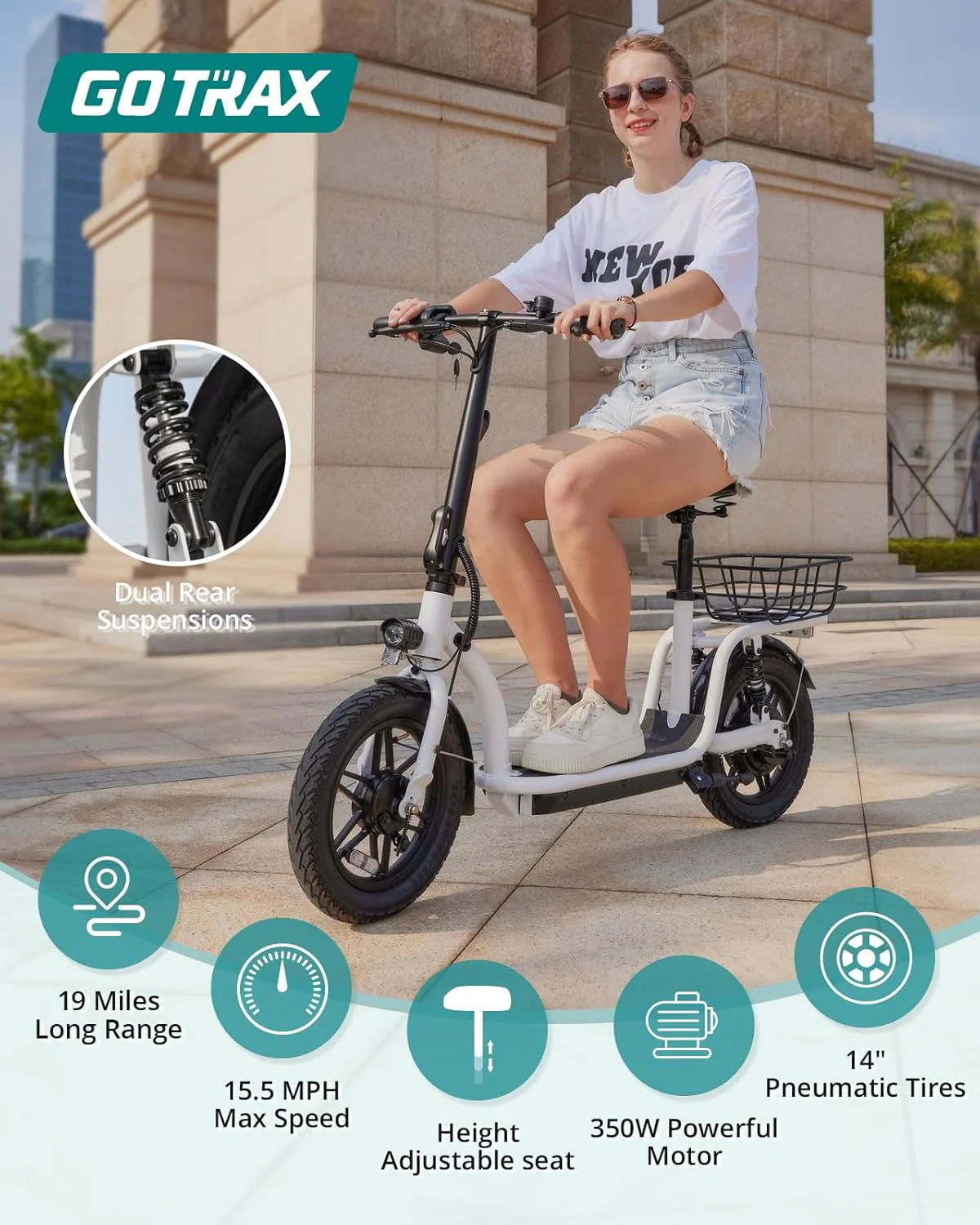 Gotrax adult electric scooter with seat, maximum range of 19-25 miles, all-terrain tires, wide pedals, padded seat, and carrycot