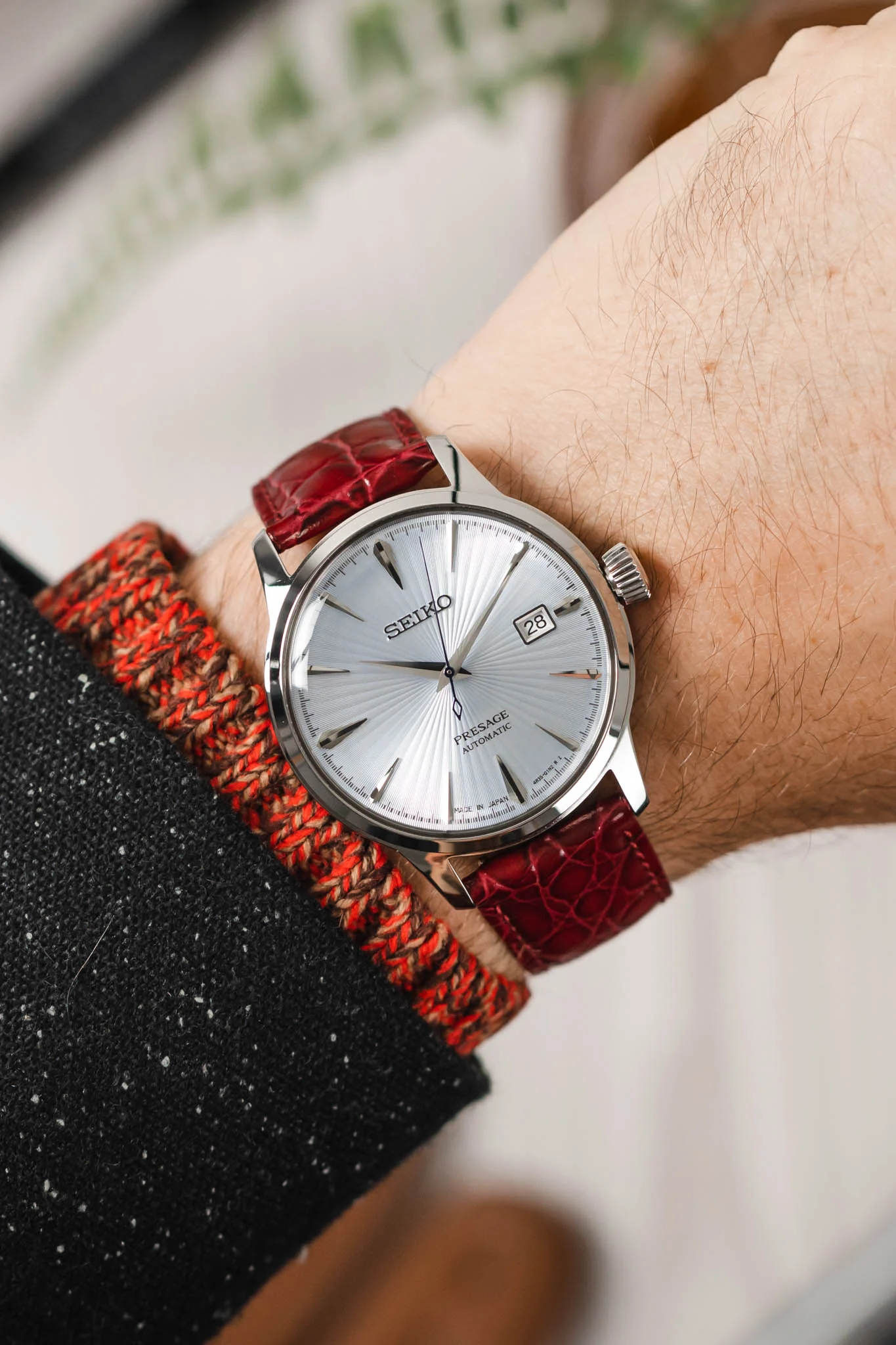 Hirsch CROCOGRAIN Crocodile Embossed Leather Watch Strap in BURGUNDY