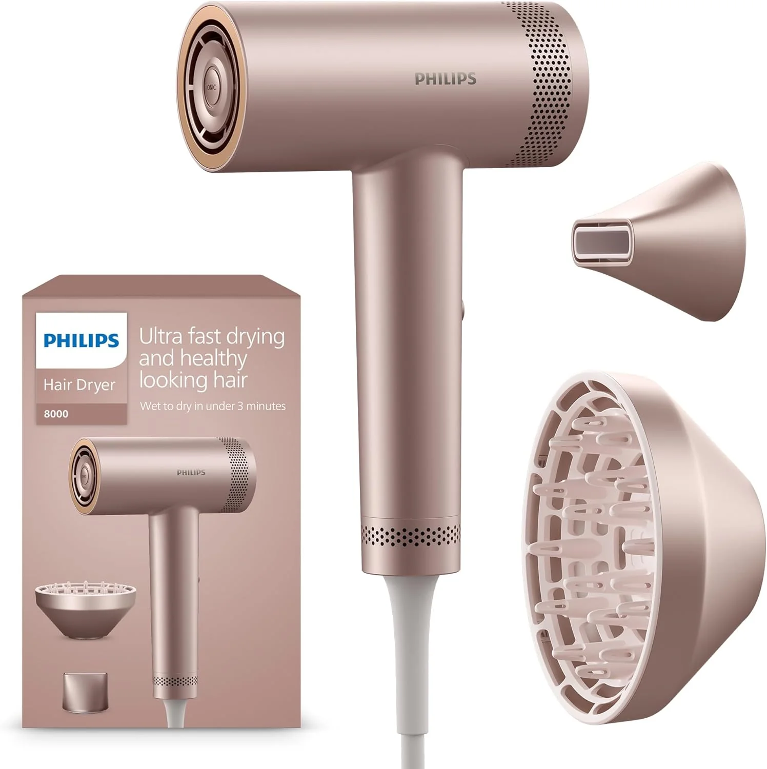 Philips Hogesnelheids-haardroger uit de 8000-serie, ThermoShield Advanced, ionisch, stylingmondstuk en diffuser, hoofdhuidverzorging, 1400 W, Rose Champagne, model BHD837/10
