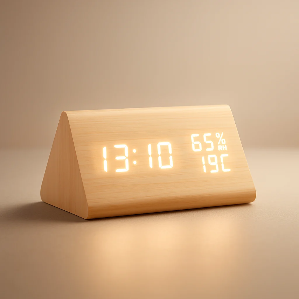 Moderner digitaler LED-Wecker aus Holz mit Temperaturanzeige