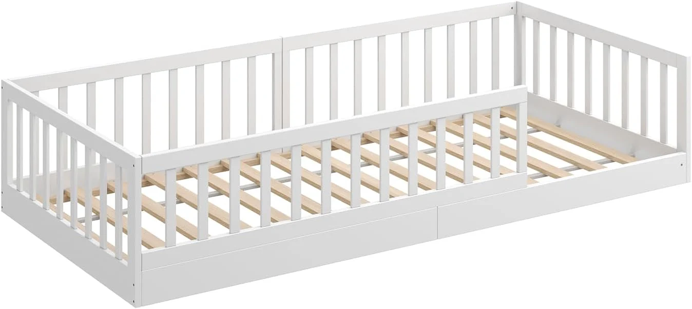 CADANI Timi 2-in-1 Vloerbed 140x200 cm Montessori Kinderbed met uitneembare valbeveiliging incl. lattenbodem, massief grenenhout, wit - 3 opbouwmogelijkheden, belastbaar tot 200 kg, ombouwbaar