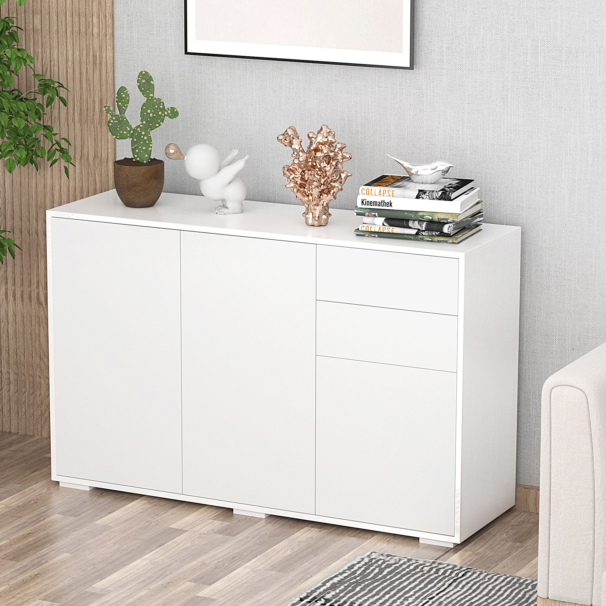 Witte Dressoir Kast, 2 Laden, Push-Click, 117 cm x 36 cm x 74 cm