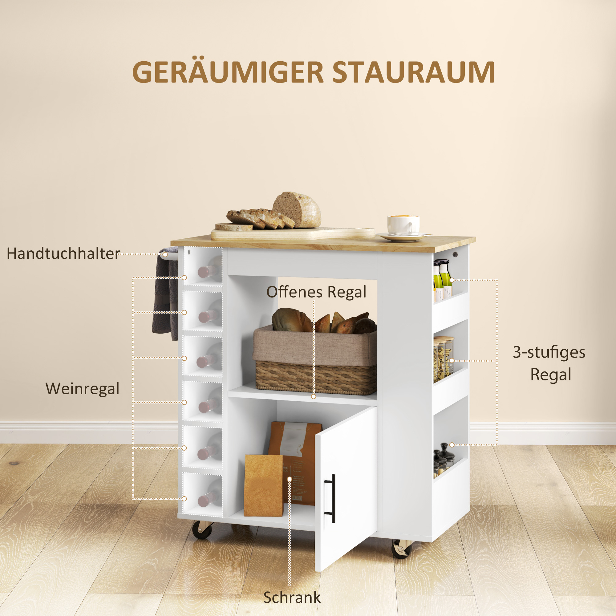 HOMCOM Keukentrolley, Rolbare Keukeneiland, Keuken-Trolley met Vakken, Wijnrekken, Kast en Werkblad, Wit