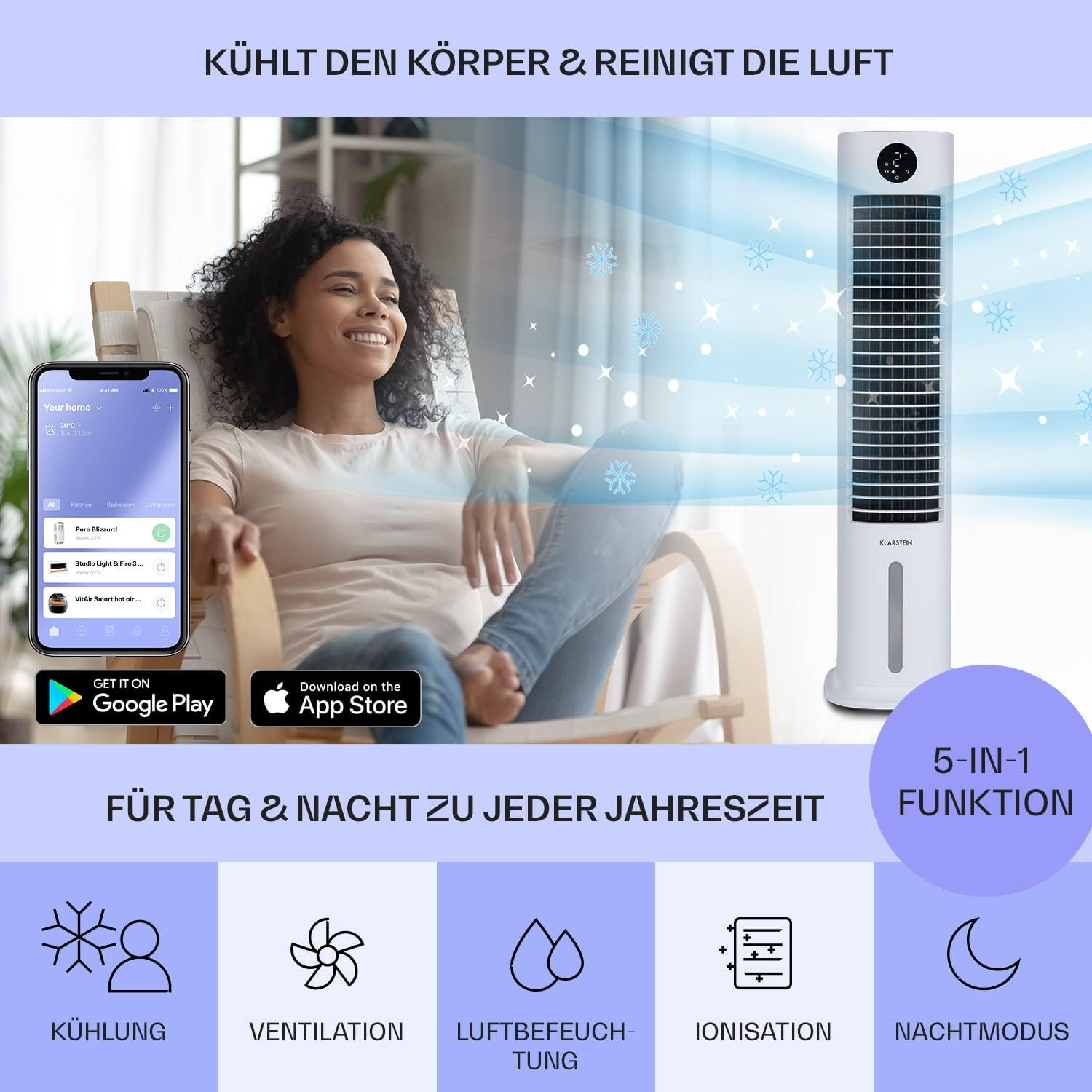 Klarstein Luftkühler mit Wasserkühlung, 5-in-1 Verdunstungskühler, Luftbefeuchter, Ventilator & Luftreiniger, Mobile Klimageräte Luftkühler mit App-Steuerung, 80W Air Cooler, 462m³/h Luftstrom, Weiß