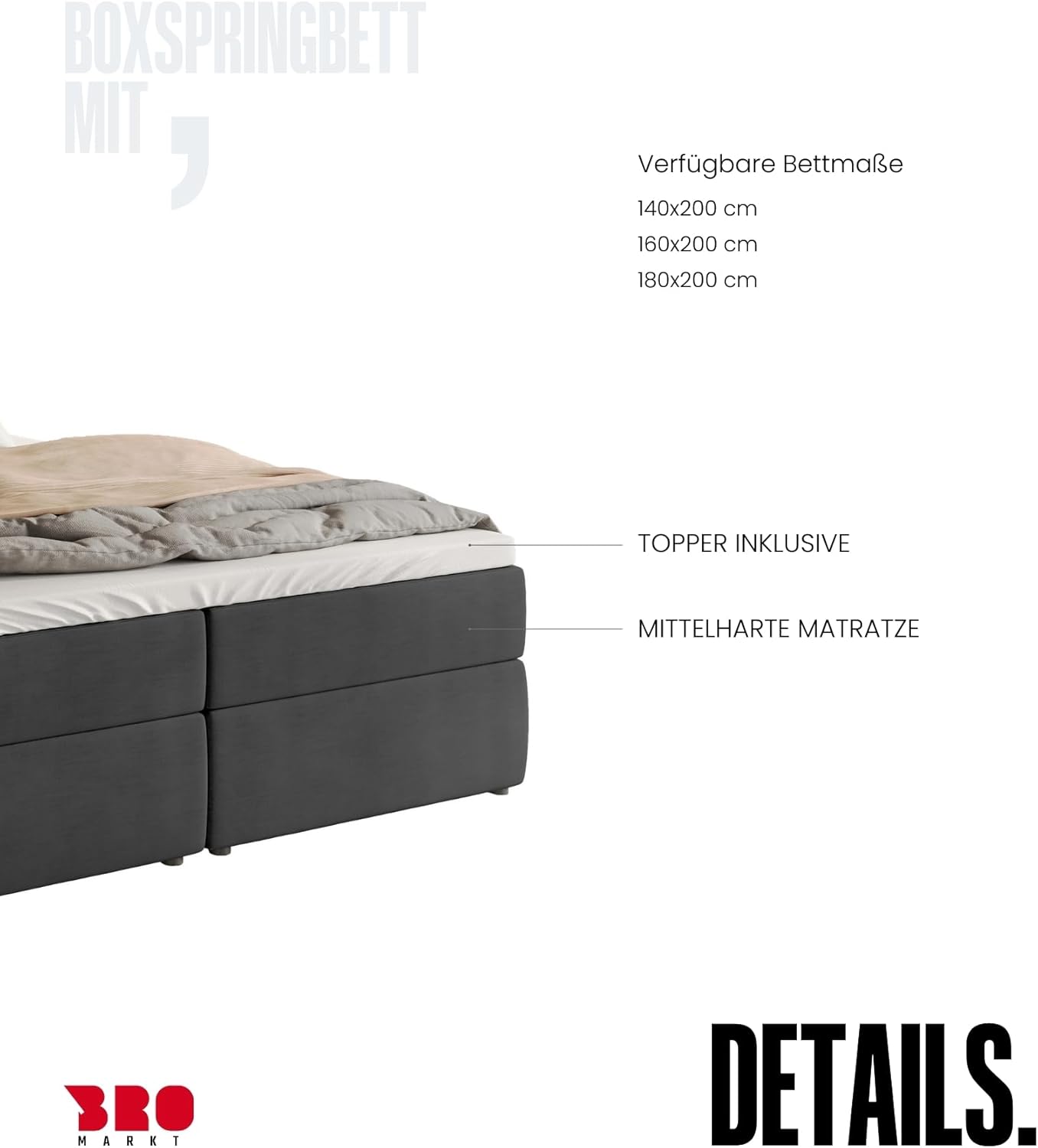 BROMARKT Boxspringbett mit Bonell Matratze Härtegrad H3 140x200cm Polsterbett mit Bettkasten Doppelbett mit Topper gepolsterte Kopfstütze Bett für Schlafzimmer Denver Dunkelgrau