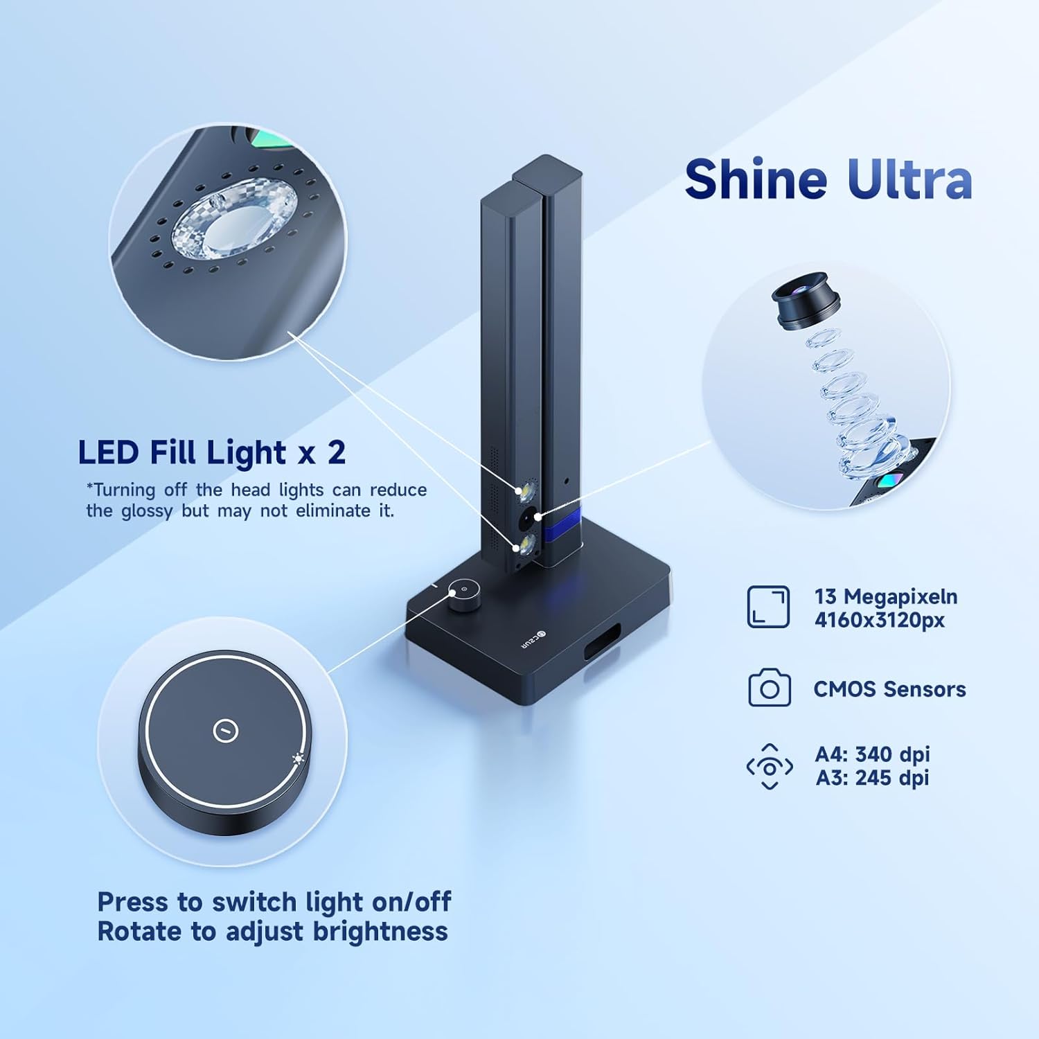 CZUR Shine Ultra 13MP Scanner A3, tragbarer Dokumentenscanner, faltbarere Buchscanner, Dokumentenkamera Visualizer mit OCR 180+ Sprache, Stufenloses Fülllicht, Schnell-Scanner für Windows & macOS