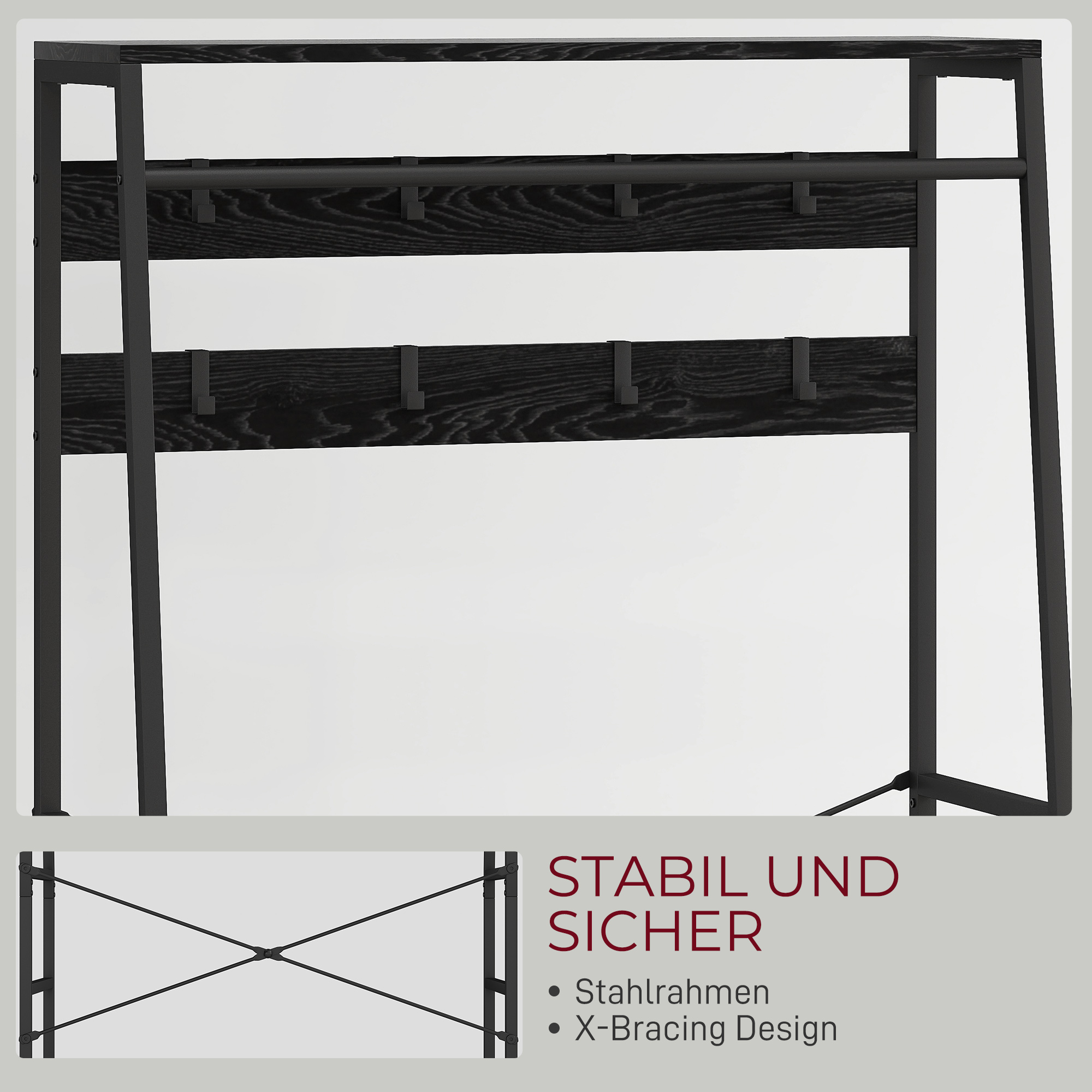 Kapstok met Schoenenrek in Industri?le Stijl, Kledingrek met 2 Stoffen Lades, 8 Haken, Metalen Frame, Zwart