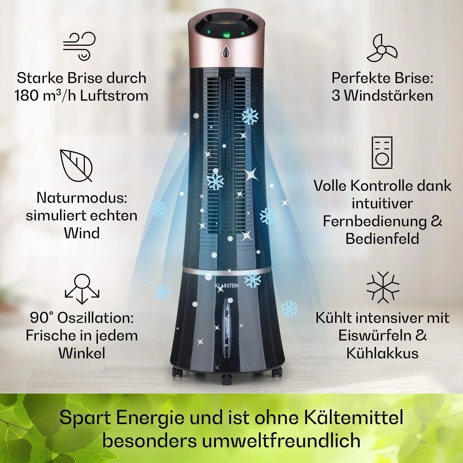 Klarstein 4-in-1: Slimme luchtkoeler, ventilator, luchtbevochtiger & ionisatie I 6 L watertank, oscillatie, 30 W, 210 m3/u, timer I Klimaatregelaar zonder afvoerslang, Mobiele airconditioner, Zwart-ros��goud