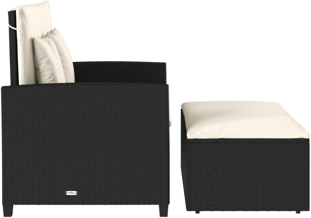 vidaXL Gartensofa 2-Sitzer, Outdoor Sofa mit Hocker mit Staufach, Gartenmöbel mit Kissen, Gartensessel Gartenbank, Schwarz Poly Rattan VC9087349