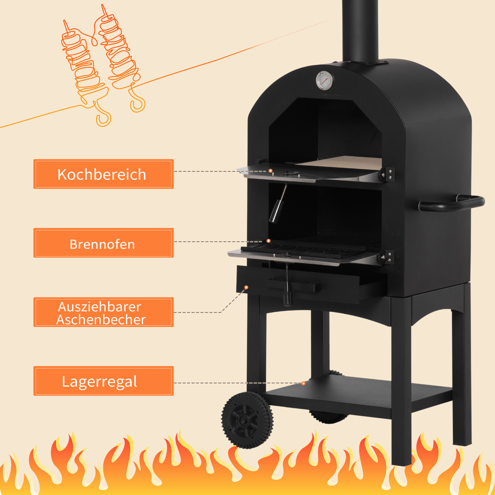 pizzaoven BBQ 3 niveaus zwart + zilver 63 x 54 x 161 cm