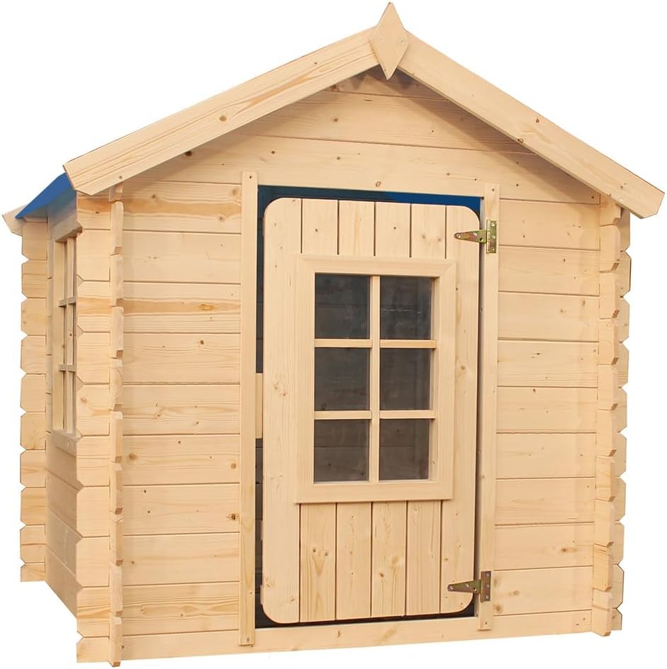 Timbela M570M-1 Kinderspielhaus aus Holz -Spielhaus im Freien für Kinder - 111x113xH121 cm/0.9 m2 Gartenspielhaus - Garten-Sommerhaus für Kinder (Die Dachfarbe ist blau)