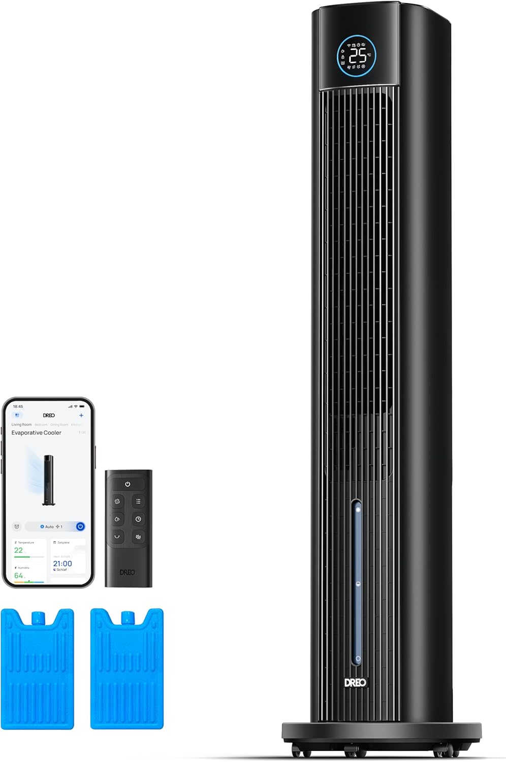 DREO Turmventilator mit Wasserkühlung, 110 cm Luftkühler mit Wasserkühlung Leise, 4-Geschwindigkeiten-4-Modi Verdunstungskühler, APP-Steuerung, Eisbeutel, 80° Oszillation, 12-Std. Timer, Schwarz