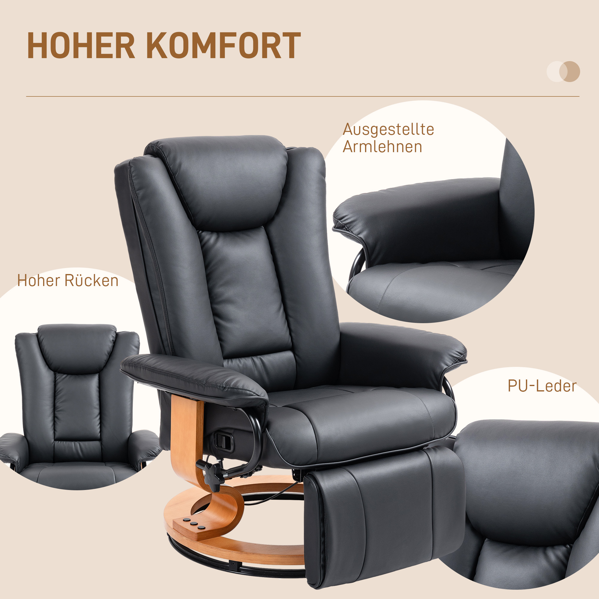 Relaxstoel met Ligfunctie, Draaibaar, tot 150 kg, Kunstlederbekleding, Stalen Frame, Zwart