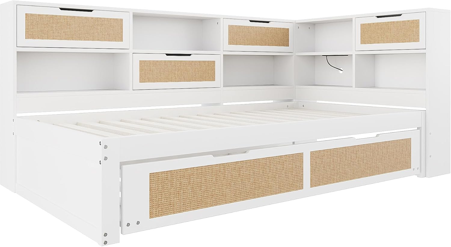 Tagesbett Schlafsofa 90x200, Holz Multifunktionsbett mit Ausziehbett 90x190 cm, USB-Steckdose und vielen Staufächern, Einzelbett Massivholzbett Kinderbett Daybett mit Lattenrost, Ohne Matratze, Weiß