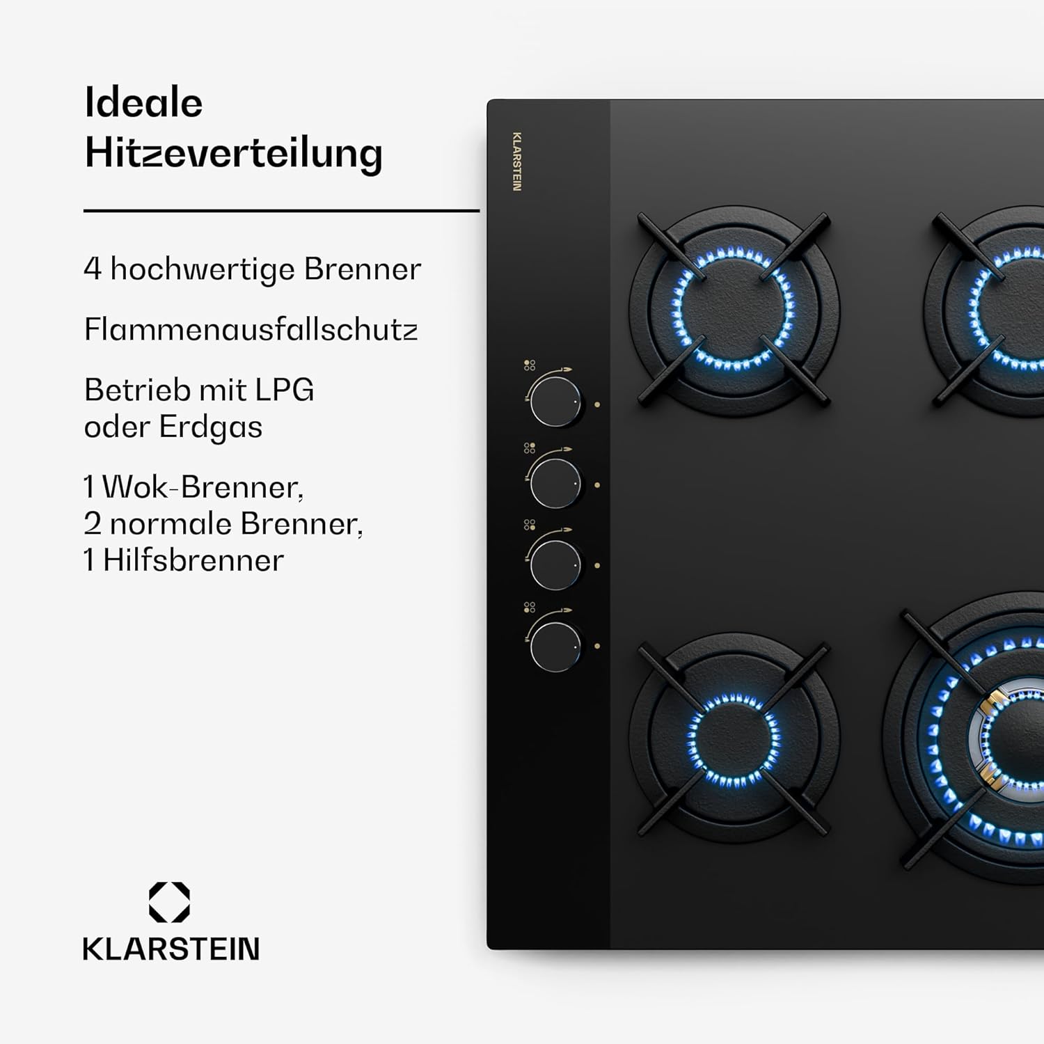 Klarstein Gasherd, Gaskochfeld 5 Flammen, Einbau-Gaskocher für Zuhause & Wohnmobil, Campingkocher mit Glasplatte, Gasherd für Propan- und Erdgas, Edelstahl Gas-Herdplatte Wok Brenner 10400 Watt