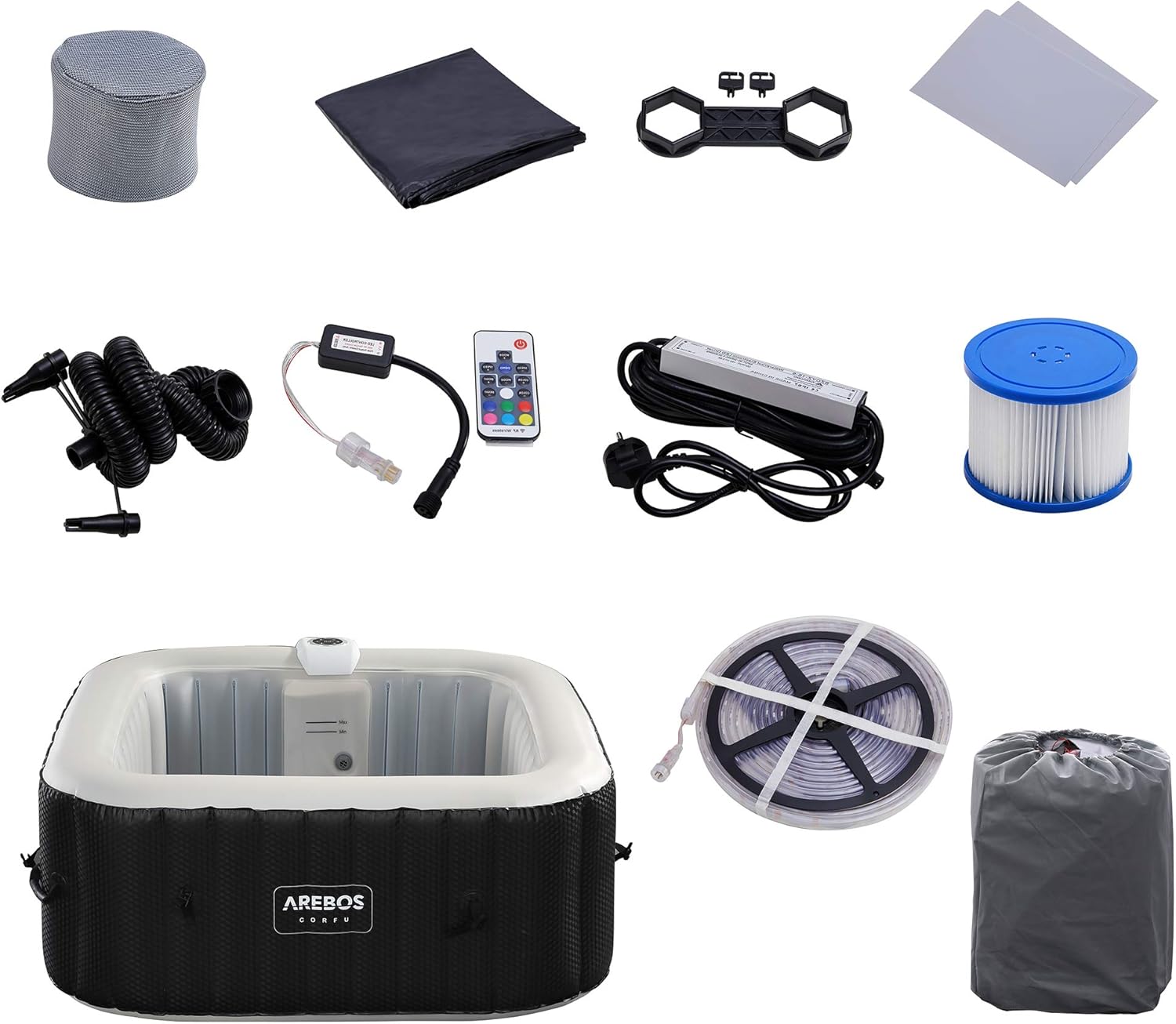 Arebos Whirlpool | 154 x 154 cm | mit LED-Beleuchtung | aufblasbar | quadratisch | In- & Outdoor | 4 Personen | 100 Massagedüsen | mit Heizung | 600 L | Inkl. Abdeckung | Bubble Spa & Wellness Massage