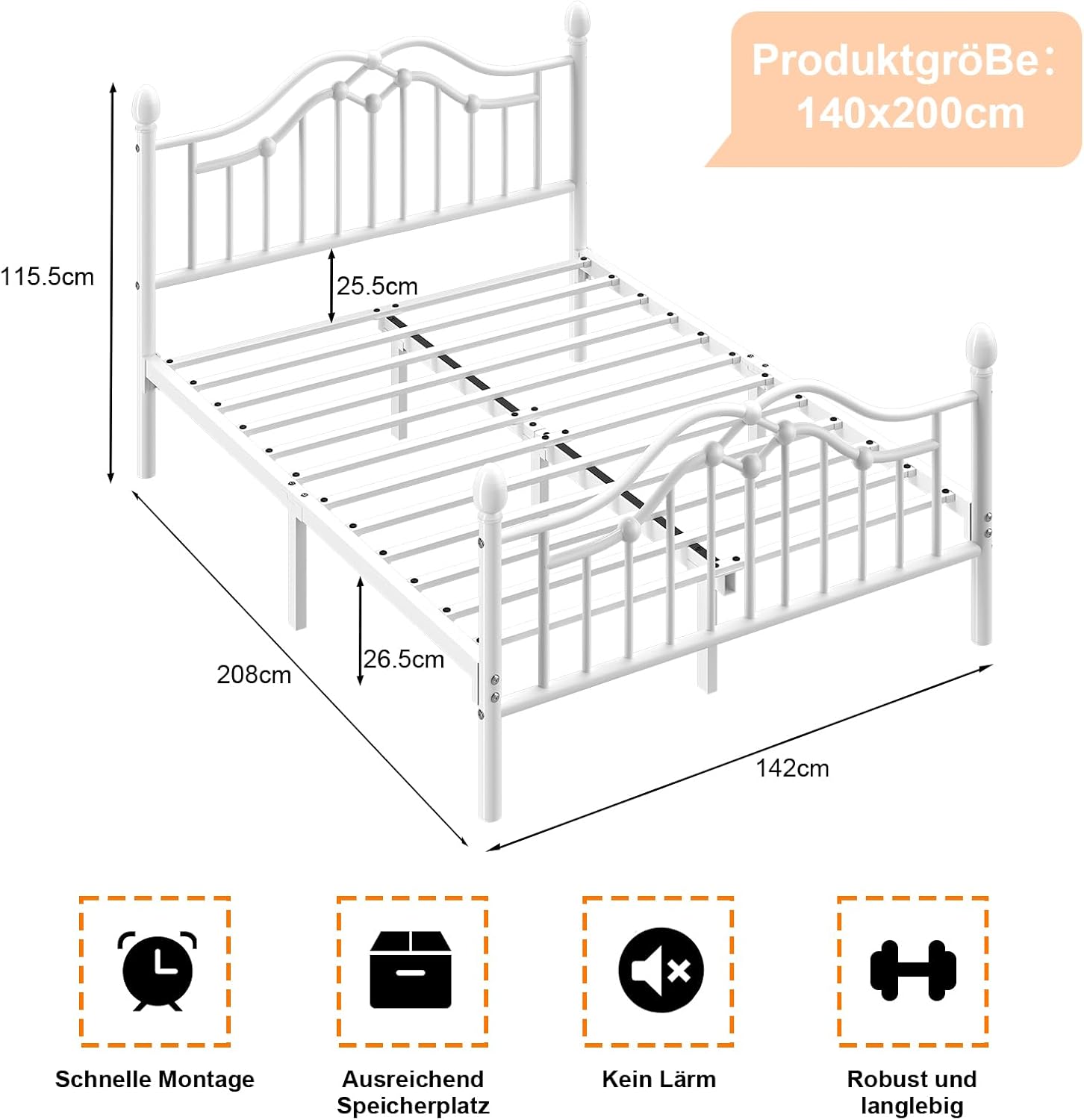 Bett 140 x 200 cm, Modernes Metallbett 140 x 200 cm mit Kopf- und Fußteil, viktorianischer Stil, Stauraum unter dem Bett, Einfach zu Montieren, Kein Lattenrost Erforderlich, Geräuscharm, Weiß