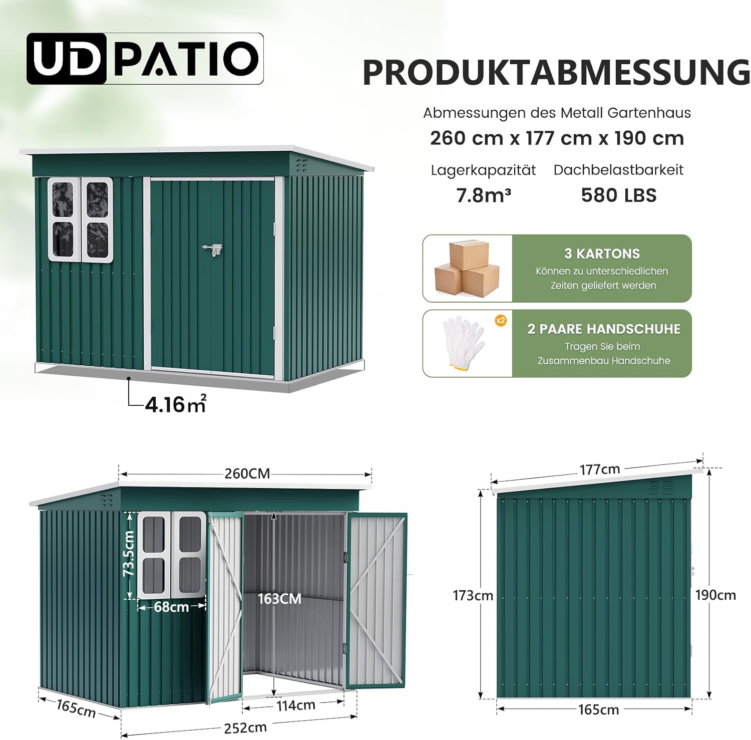 UDPATIO Gartenhaus Metall 260 x 176 x 190 cm mit Fenster, abschließbarer Tür und Belüftung, Fahrradgarage mit Pultdach, Geräteschuppen für Werkzeuge, Ausrüstung, Wasserdicht, Verzinkter Stahl, Grün