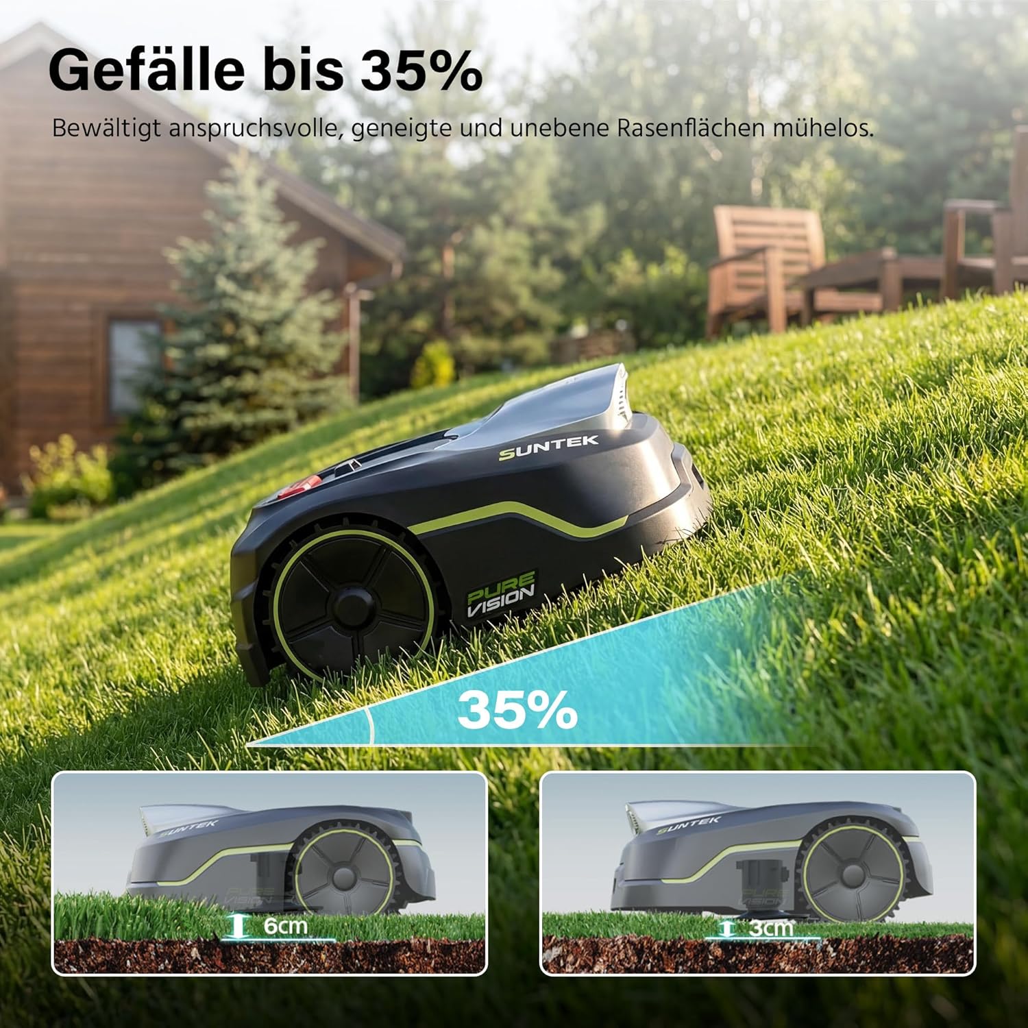 SUNTEK SRM2025 Mähroboter ohne Begrenzungskabel, KI Pure Vision Rasenmäher Roboter für 250 m² mit automatischer Kartierung, 35% Steigung, Wasserdichtigkeit IPX5, Automatische Kartierung mit Garage