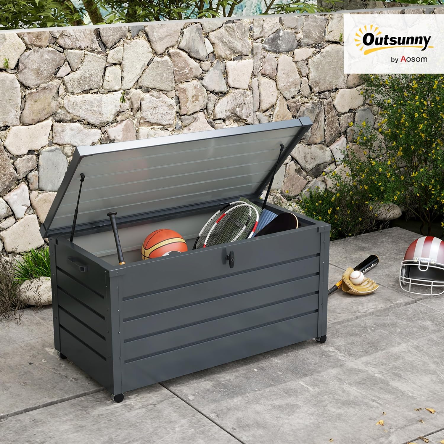 Outsunny Gartenbox Metall 311 Liter Auflagenbox mit Griffen Rollen Schloss Wasserdicht Abschließbar Gartentruhe Outdoor Kissenbox wetterfest Aufbewahrungsbox für Garten Balkon 120 x 62cm Dunkelgrau