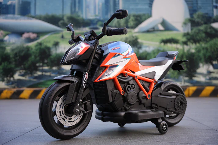 Kids 12v Ride on Electric Bike KTM Superduke Motor Bike with Stabilizers - Orange Blue
