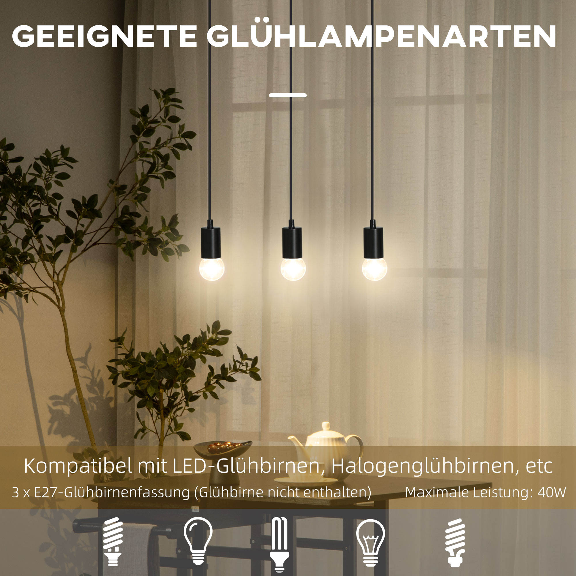 Hanglamp, 3-Lichtbronnen, Hoogteverstelbaar, Industrieel Design, Metaal+Hout, Zwart