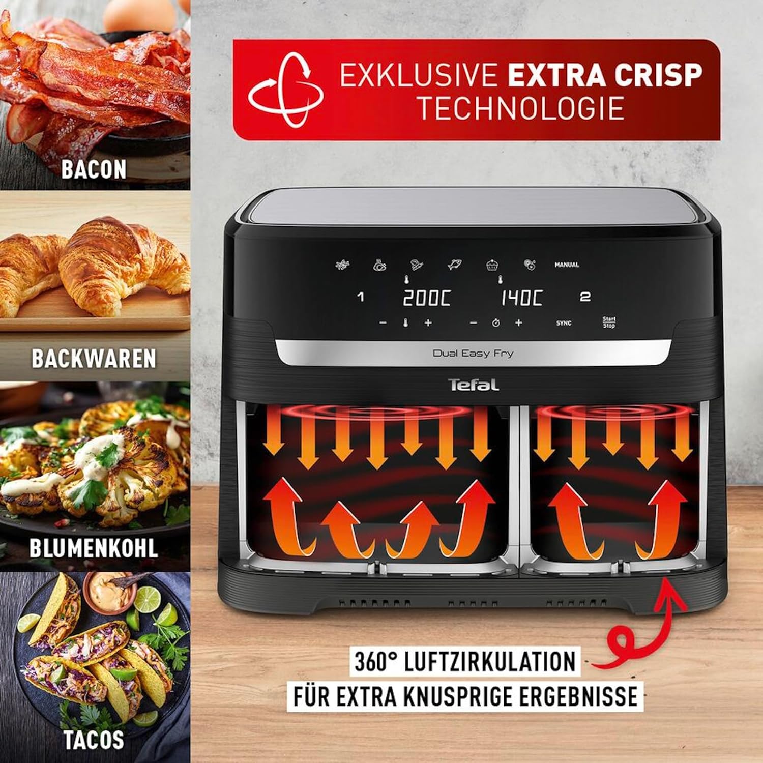 Tefal Dual Easy Fry Heißluftfritteuse Doppelkammer, 5,2/3,1 L Fassungsvermögen, zwei unabhängige Schubladen, 7 automatische Programme, energiesparend, schwarz, EY9018