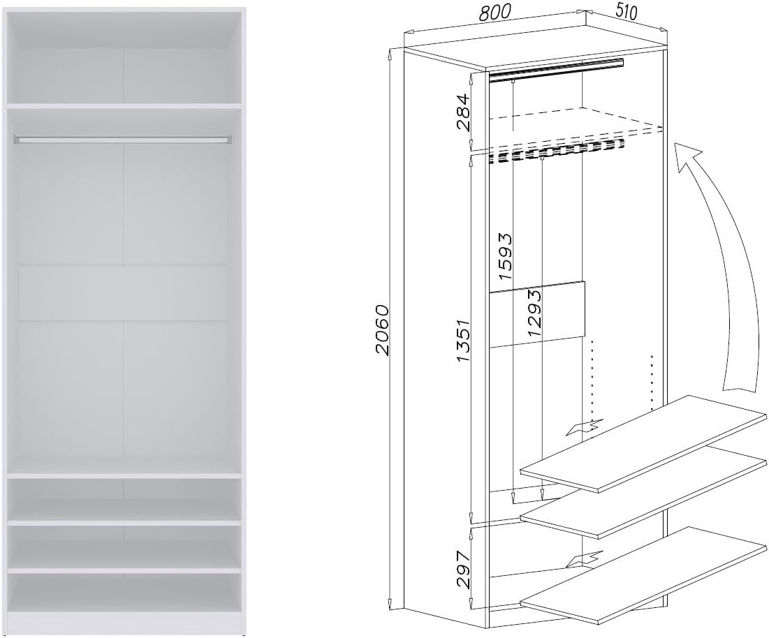 Marmex Garderobenschrank-Set TRES B, großes, breites Schrankset für das Schlafzimmer ohne Türen, Kleiderschrank mit Kleiderstangen, Einlegeböden für Kleidung, Schuhe 320x206x51 (weiß)