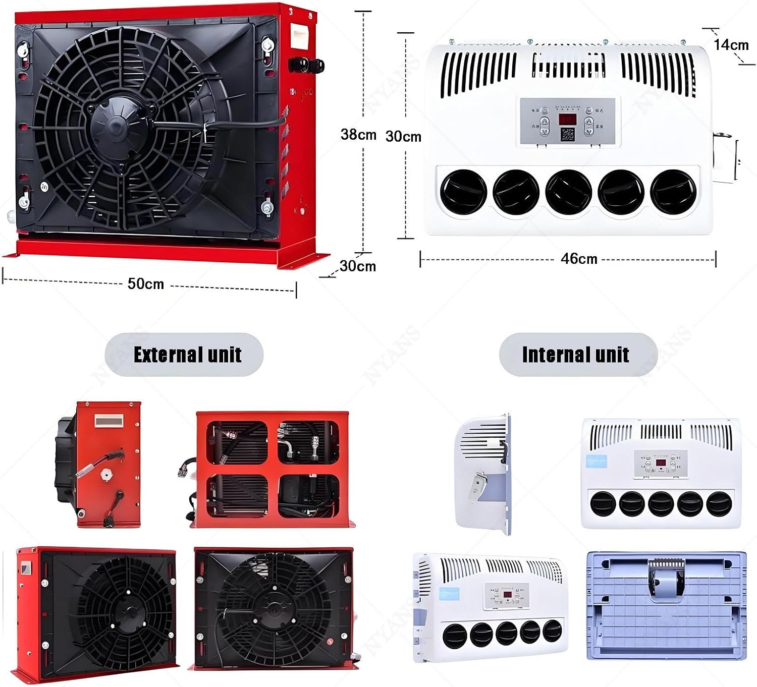 Generisch 12V/24V RV Klimaanlage 300-850W Split Parking Klimaanlage Kit 450m³/h Luftvolumen Leise Schnelle Kühlung für LKW Busse Wohnmobile Wohnwagen Bagger,Schwarz,24V-Red