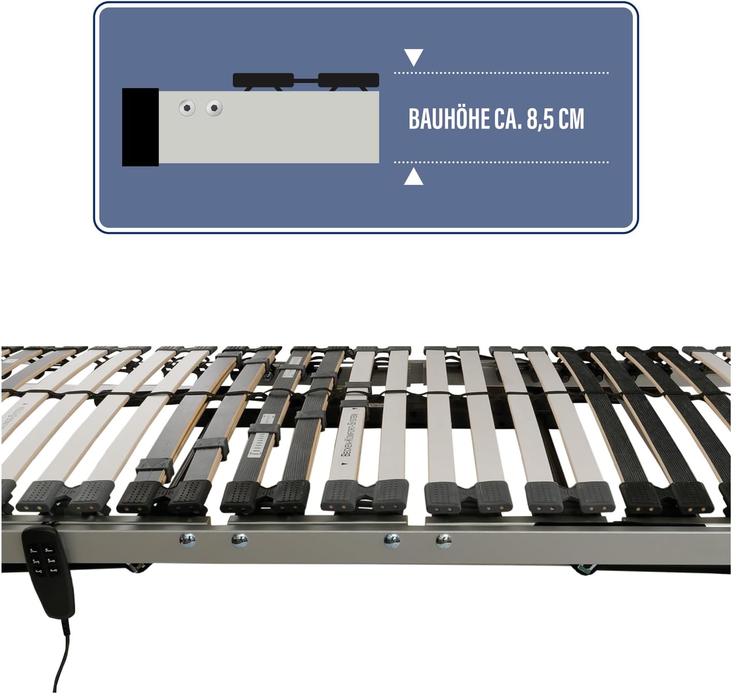 BeCo Lattenrost, Luxus E-Move, elektrischer Lattenrost, 100 x 200 cm, 28 Federholzleisten, komplett montiert, Kopf-und Fußteil verstellbar, TÜV geprüft, Made in Germany
