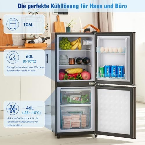 Merax Retro Kühlschrank mit Gefrierfach – 106L Mini Kühlschrank, 60L Kühlschrank + 46L Gefrierschrank, 7 Temperatureinstellungen, LED-Licht, Silber-Tür, 166 kWh/Jahr, Energieklasse E