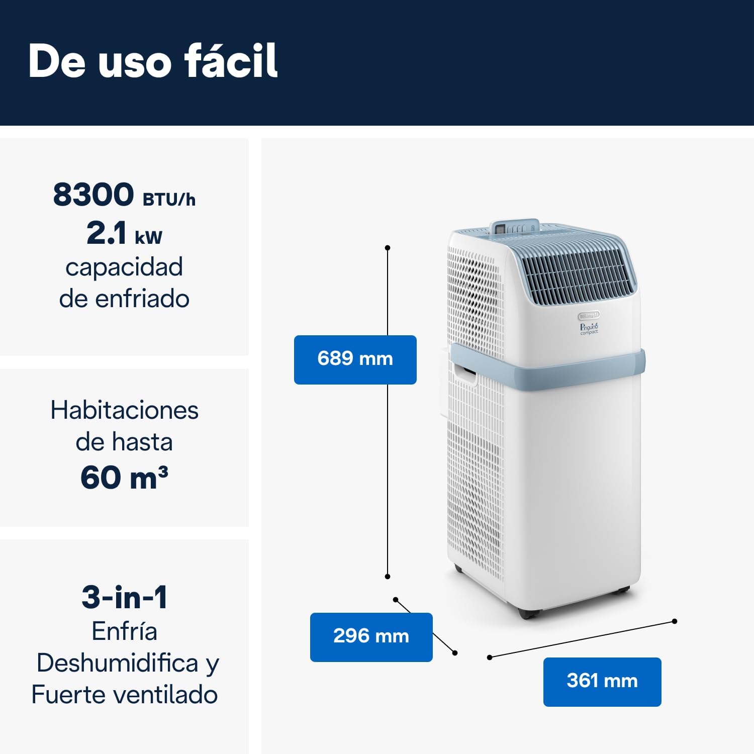 De'Longhi Pinguino Compact PAC ES72 YOUNG Aire Acondicionado Portátil 8.300 BTU/h, 2,1 kW, hasta 60m³, Función Deshumidificador y Ventilación, Temporizador 24 Horas