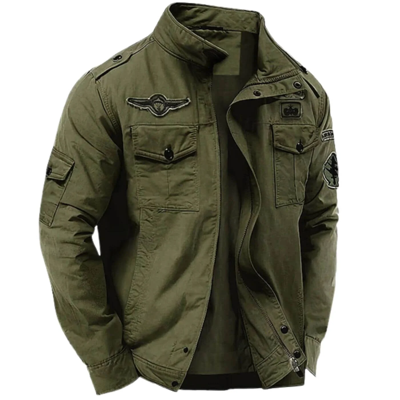Herren Milit?rjacke aus Baumwolle - Strukturierte Cargo Jacke mit Stehkragen und Rei?verschluss - Robuste ��bergangsjacke