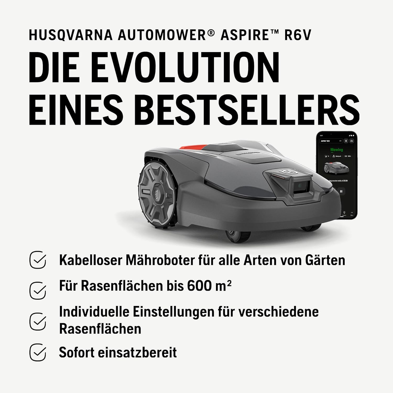 HUSQVARNA Automower Aspire R6V - Mähroboter ohne Begrenzungskabel, AI Vision Objekterkennung, GPS-Navigation, WLAN-App-Steuerung, systematische Mähmuster, virtuelle Zonen, bis 600 m2