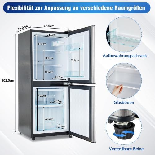Merax Retro Kühlschrank mit Gefrierfach – 106L Mini Kühlschrank, 60L Kühlschrank + 46L Gefrierschrank, 7 Temperatureinstellungen, LED-Licht, Silber-Tür, 166 kWh/Jahr, Energieklasse E