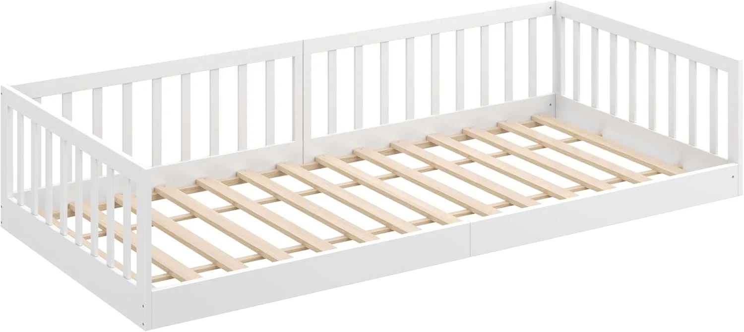 CADANI Timi 2-in-1 Vloerbed 140x200 cm Montessori Kinderbed met uitneembare valbeveiliging incl. lattenbodem, massief grenenhout, wit - 3 opbouwmogelijkheden, belastbaar tot 200 kg, ombouwbaar